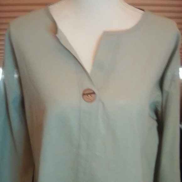 Green Boxy Long Sleeve Blouse with Mandarin Collar And Button. - Picture 1 of 5
